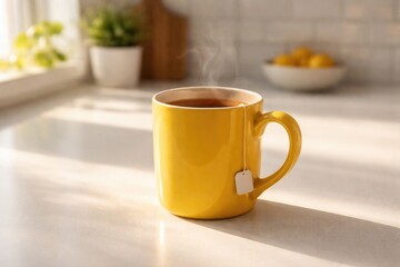 Fototapeta premium Yellow tea mug resting on clean white kitchen surface with morning sunlight