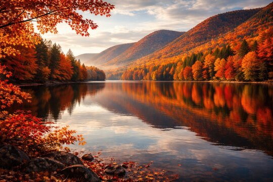 Quiet fall vista of a placid lake bordered by fiery leaves and majestic hills