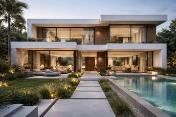 Fototapeta premium Upscale villa facade combining contemporary design and minimalist aesthetics