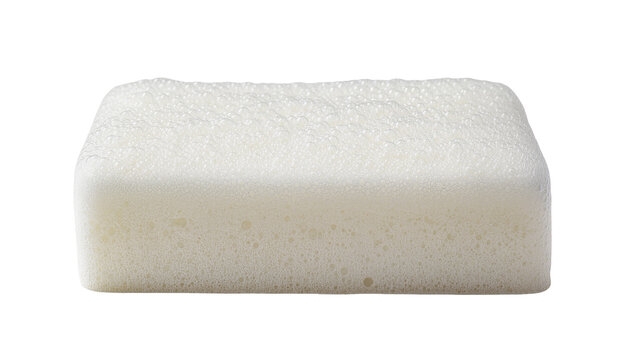 Rectangular white porous sponge with textured surface, isolated on transparent background