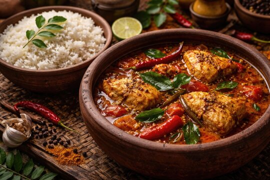 South Indian fish curry simmered with spices alongside fluffy white rice in a clay dish