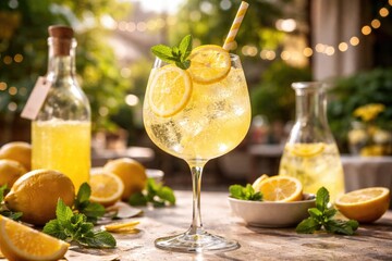 Fototapeta premium Zesty homemade Limoncello spritz in a stylish stemmed glass