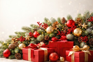 Naklejka premium Seasonal evergreen with festive decorations resting on scarlet gift boxes isolated with generous copy space
