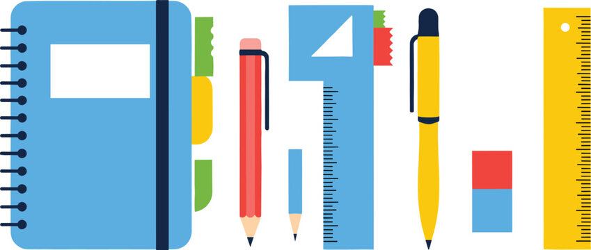 Colorful school supplies on a transparent background