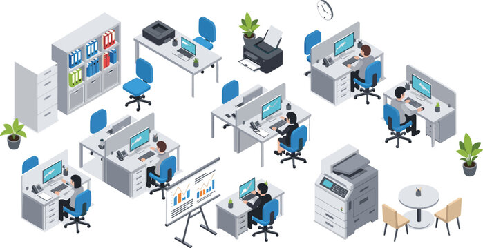 Large isometric collection of modern office workspace elements including employees at desks with computers printers filing cabinets and business presentation charts isolated on a white background.