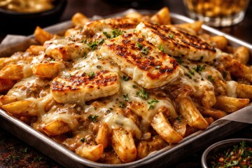 Fototapeta premium Party catering dish featuring mozzarella and halloumi cheese over fries with creamy gravy sauce