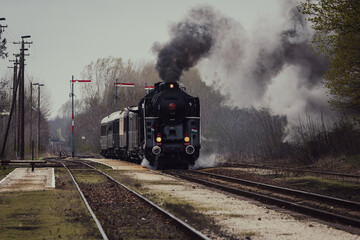 Historic steam locomotive on rural railway tracks © Bence