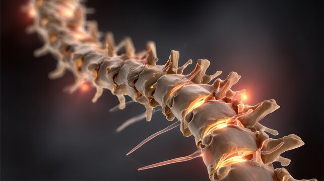 Spine Anatomy in Detail: A detailed, close-up view of a human spine highlighting its intricate structure and elements. The image aims to showcase spinal health.
