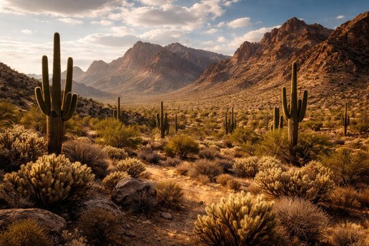 Desert mountains with scattered saguaro and cholla cacti text space