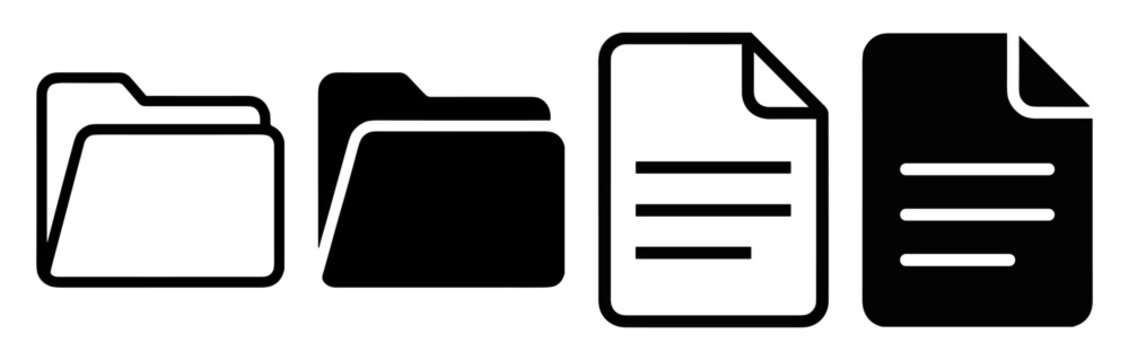 folder and document icons, file storage and office management symbols, outline and solid vector collection on transparent background