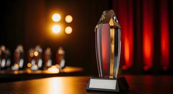 Crystal trophy on a table with red curtains and stage lights