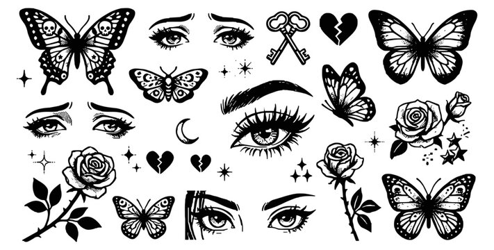 gothic butterfly and eye sticker set, roses hearts moons and mystical tattoo style vector elements on transparent background