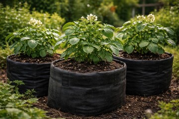 Fototapeta premium Three potato plants growing healthily in compost filled growing bags