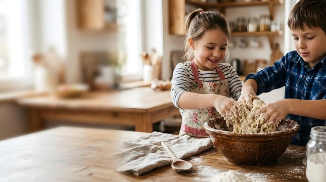 Two kids work together in a kitchen to mix dough for bread. They share smiles as they knead the ingredients in a large bowl. They enjoy their time baking