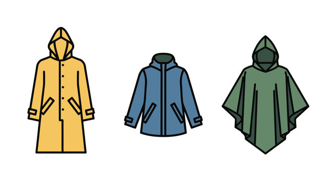 Collection of raincoats and poncho: yellow raincoat, blue jacket, green poncho isolated on white