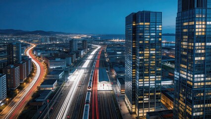 Obraz premium City Night Skyline With Light Trails From Traffic And Train Movement Urban Architecture Skyscrapers Modern Metropolis Long Exposure Photography Blue Hour Atmosphere Transportation