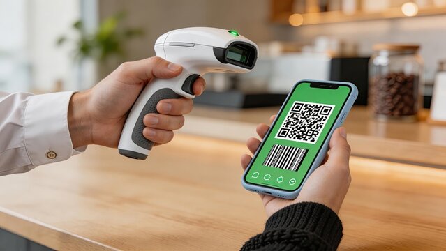 Closeup of a hand holding a barcode scanner reading a QR code on a smartphone screen illustrating modern digital payment contactless transaction and retail technology in a bright