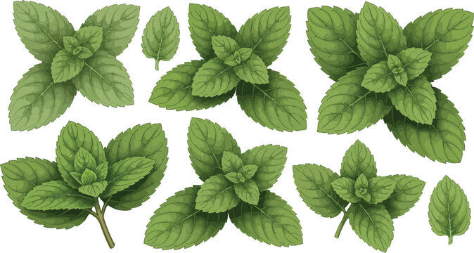 Fresh green mint leaves cluster on white Vector
