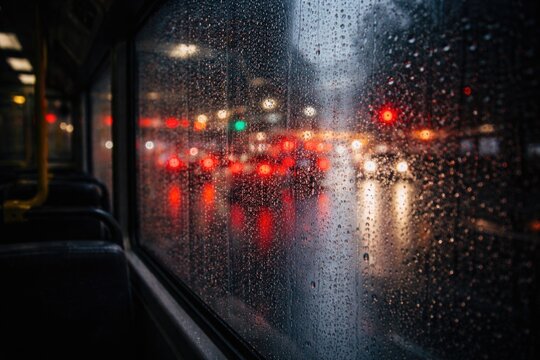 Raindrop covered bus window showing blurred traffic lights on a wet evening