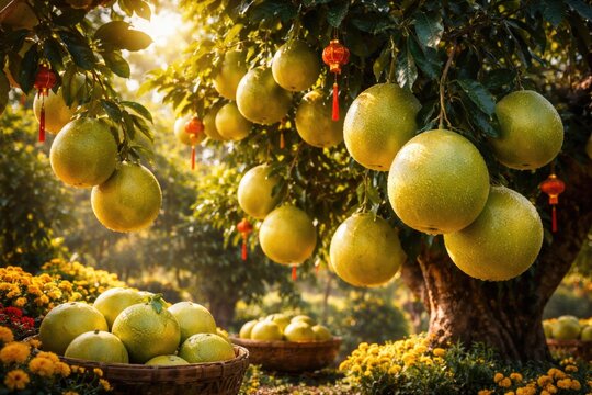 Sunlit citrus tree loaded with juicy pomelo fruit for Vietnamese Tet festival