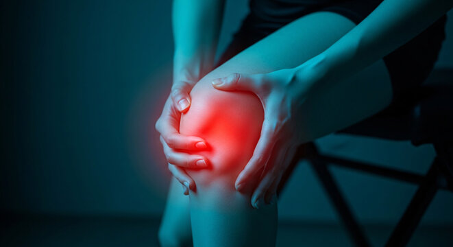 Woman Suffering From Severe Knee Joint Pain With Red Spot Highlighted In Dark Blue Lighting Environment