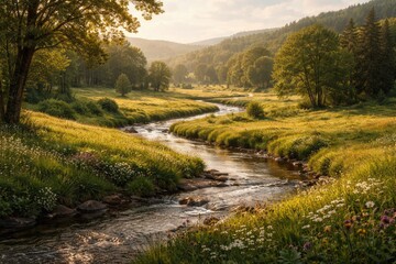 Naklejka premium Sweeping countryside landscape with rich vegetation and meandering stream