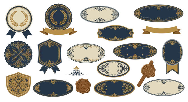 Vintage Decorative Labels and Badges Collection, Ornate Emblem Design Elements