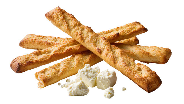 Golden brown breadsticks with crumbled white cheese, isolated on transparent background