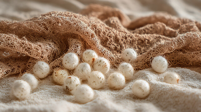 natural fiber and silk manufacturing concept with white cocoons resting on soft textured cloth for premium fashion and textile themes