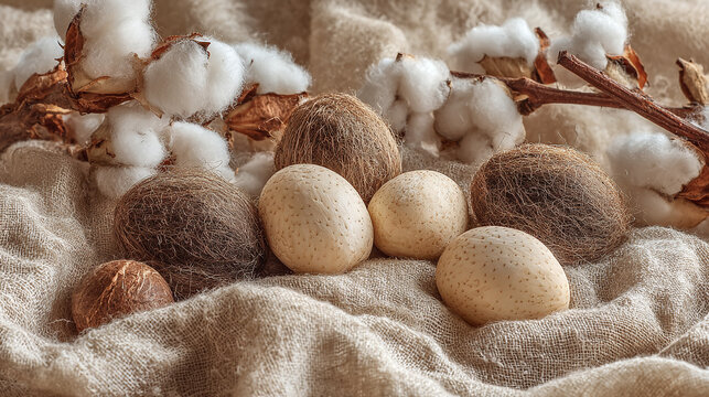 natural fiber and silk manufacturing concept with white cocoons resting on soft textured cloth for premium fashion and textile themes