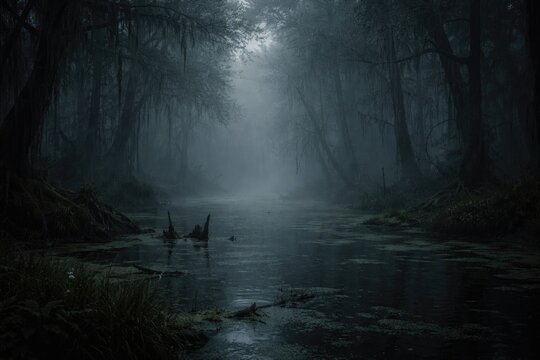 Gloomy forest swamp enveloped in mist with open copy space
