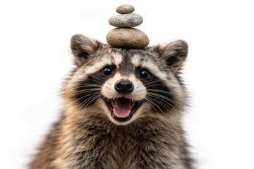 Obraz premium Cheerful raccoon in detailed close-up with rock balancing on white backdrop