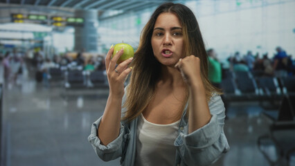 Fototapeta premium Woman holds green apple in right hand and raises left fist toward camera in airport terminal; frustration travel delay.