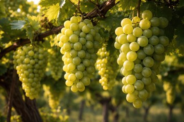 Naklejka premium Plump grape bunches hanging heavy on the green vineyard branches