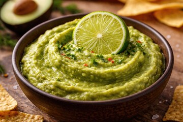 Obraz premium Smooth guacamole topped with a juicy lime slice