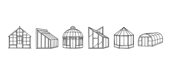 Fototapeta premium Greenhouse structures set, glass plant house designs, garden orangery icons, collection of botanical building styles, modern and classic conservatory silhouettes isolated on a plain white background.