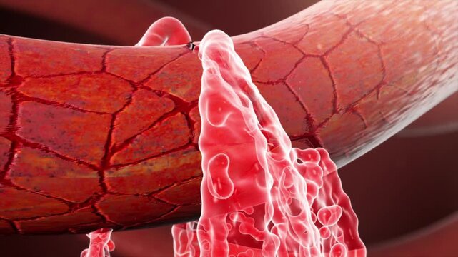 3D rendering of cerebral hemorrhage and vascular bleeding in the brain. Caused by hypertension, vasodilation rupture, congestion, or external force trauma.