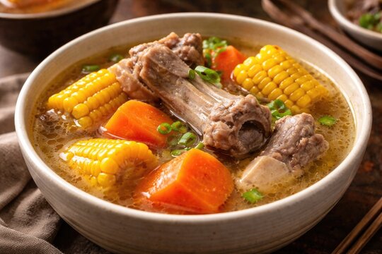 Rich pork bone broth soup with sweet corn and tender carrots, a Cantonese staple