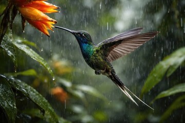 Obraz premium Energetic hummingbird species Phaethornis guy feeding rapidly during heavy rain in rich tropical vegetation