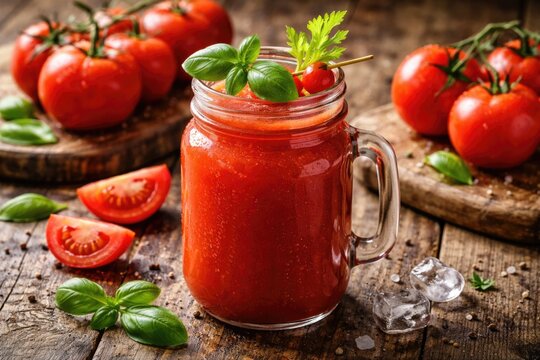 Refreshing organic tomato juice served in a transparent glass jar on a rough wooden table