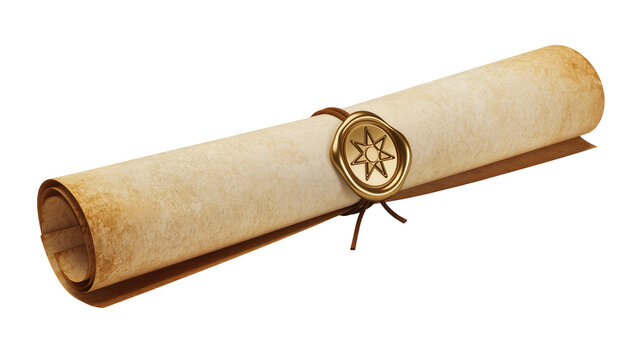Rolled parchment scroll with golden wax seal and leather tie, isolated on transparent background