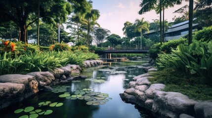 Fototapeta premium Experience the ultimate peace in a lush tropical sanctuary where nature and modern design coexist in perfect harmony.