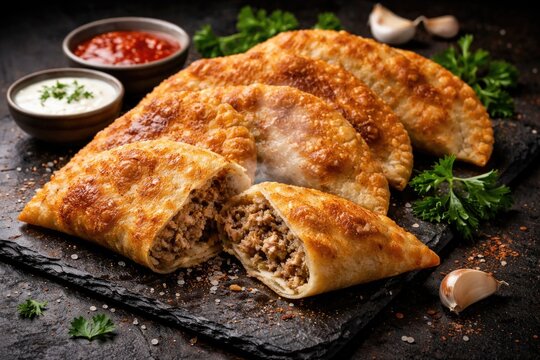Authentic meat-filled chebureks displayed on a solid black surface
