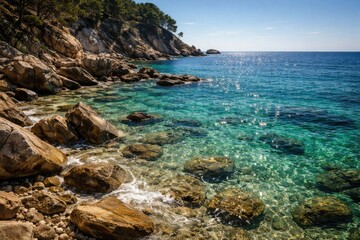 Fototapeta premium Tranquil rocky seashore with sparkling emerald sea surface