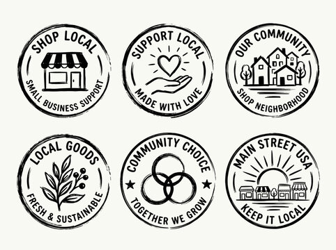 Shop local badge set, minimalist vintage brush line art labels for small business support branding