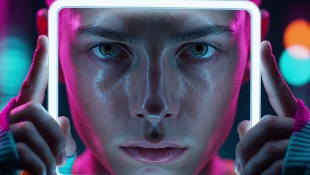 Portrait of a person framed by a glowing rectangular light colored gels to create a futuristic or cyberpunk atmosphere.