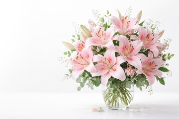 Obraz premium Pink Casablanca floral arrangement set on bright white background for copy space