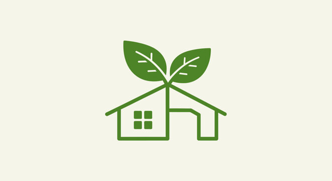 Green house with leafy roof in sustainable modern illustration