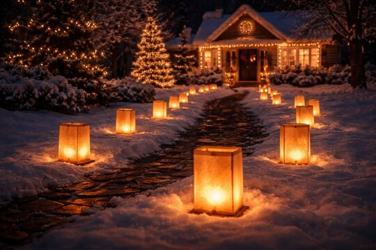 Holiday luminaria tradition brightens a peaceful Christmas night scene
