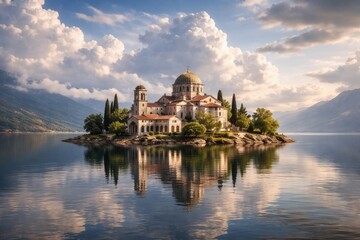 Fototapeta premium Serene religious building on a calm island with reflective waters and bold cloudscape in a tranquil environment
